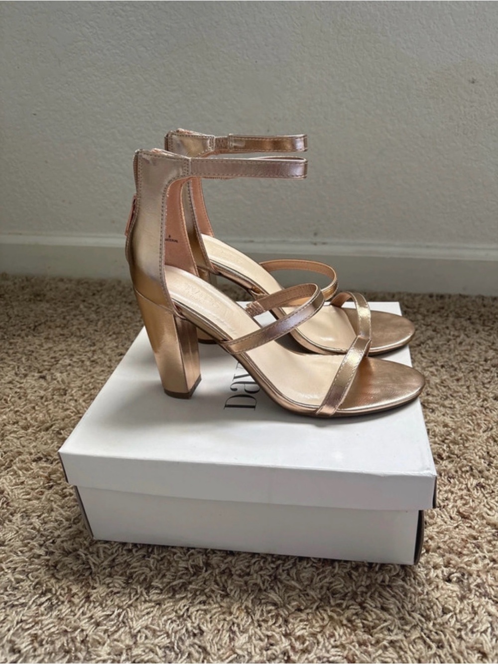 David's Bridal Rose Gold Strappy Block Heel Sandals